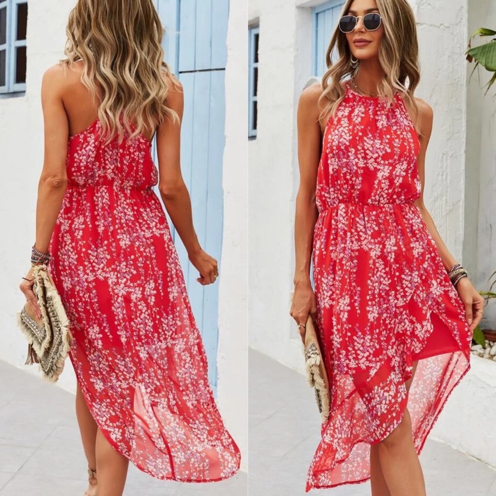 Floral print racerback midi dress boho high low - Picture 2 of 3